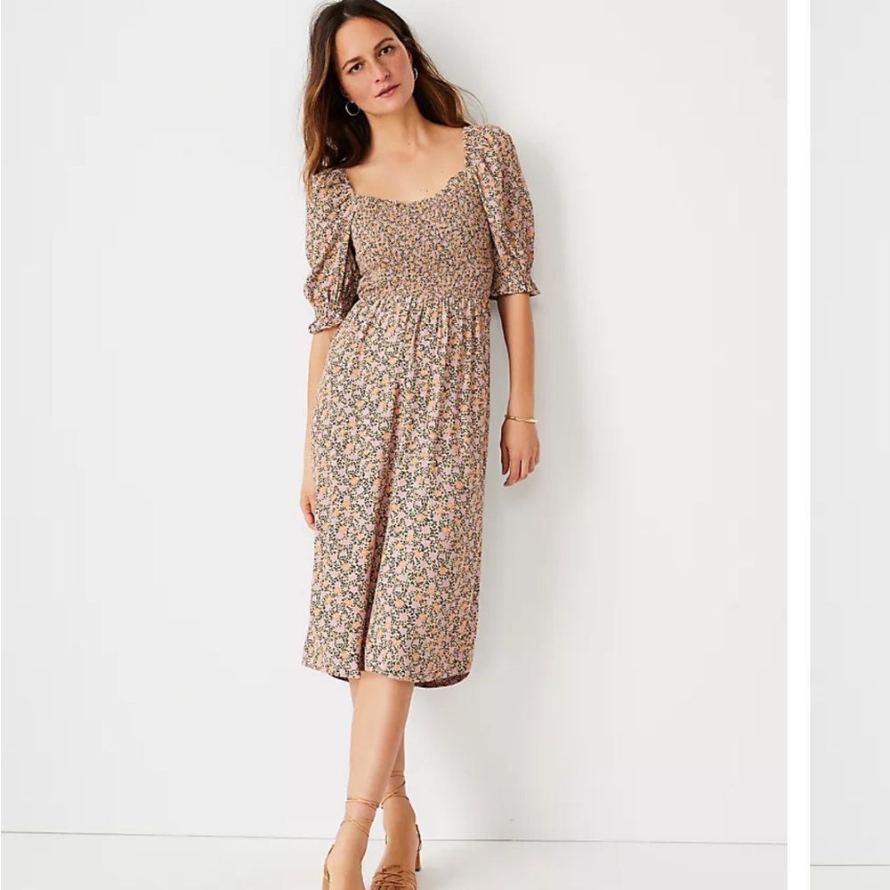 Ann Taylor Floral Smocked Bodice Flare Dress
